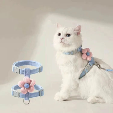 White cat in KittyNook Cat Co. Purrfect Adventure Harness Set; adjustable harness shown separately on the side.